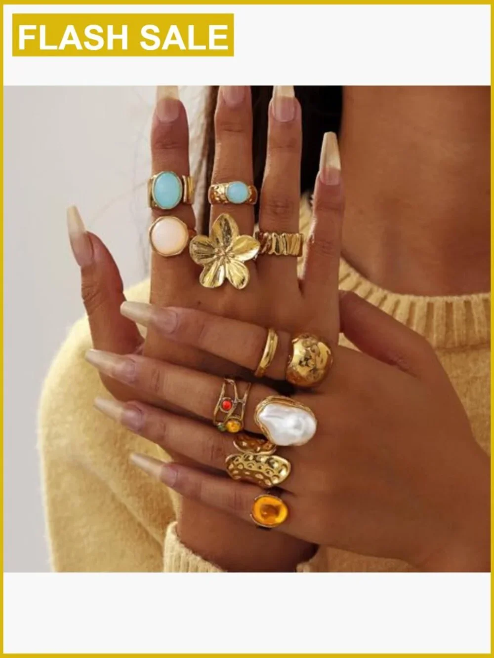 Chunky Baroque Pearl Flower Tiger's Eye Stone Rings Set Non Tarnish Stacking